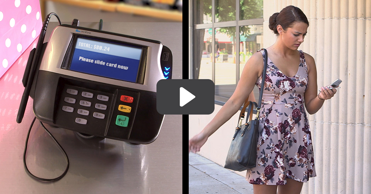 screenshot from video, credit card machine and young woman with a phone